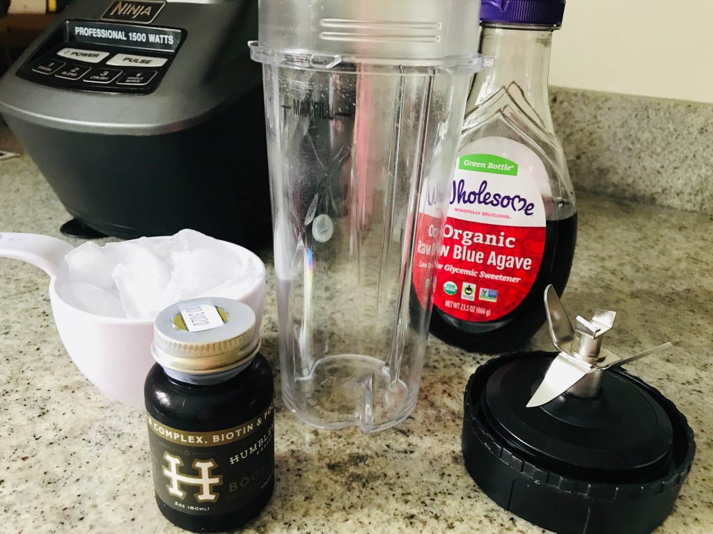 Ingredients and Ninja Blender, Humblemaker cold brew coffee shot, Ice, Wholesome Organic Raw Blue Agave